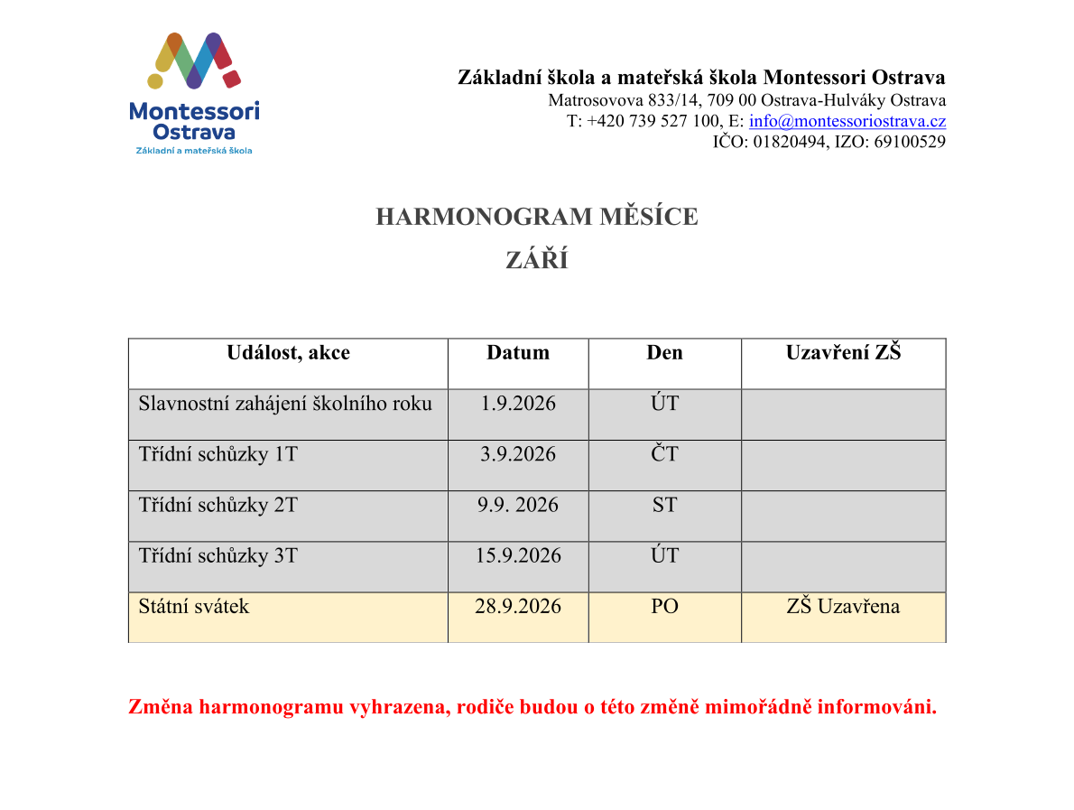 Harmonogram na aktuální měsíc